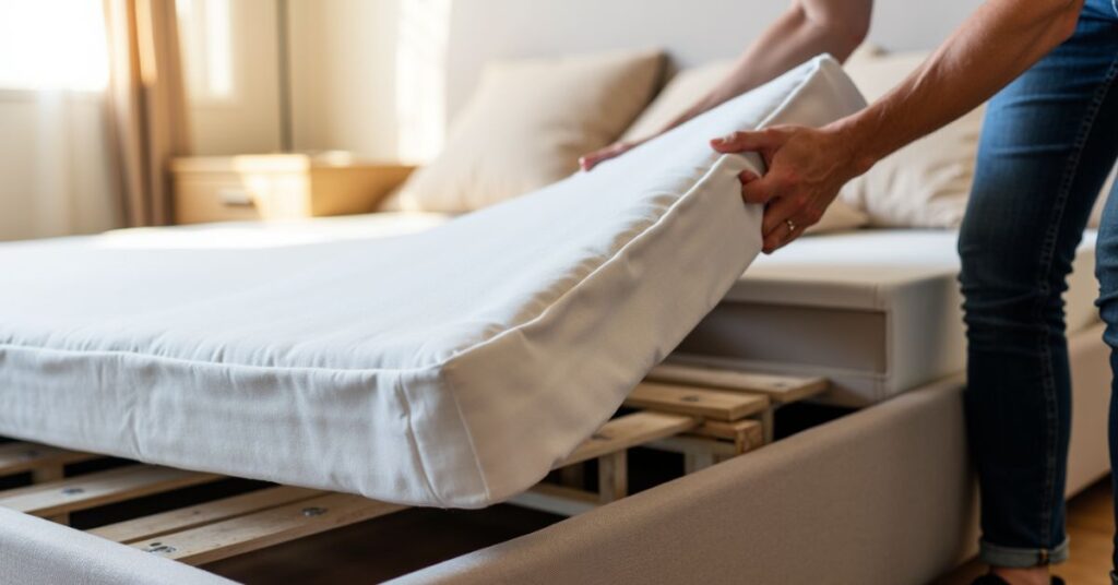 Placing the mattress base onto the assembled ottoman bed frame